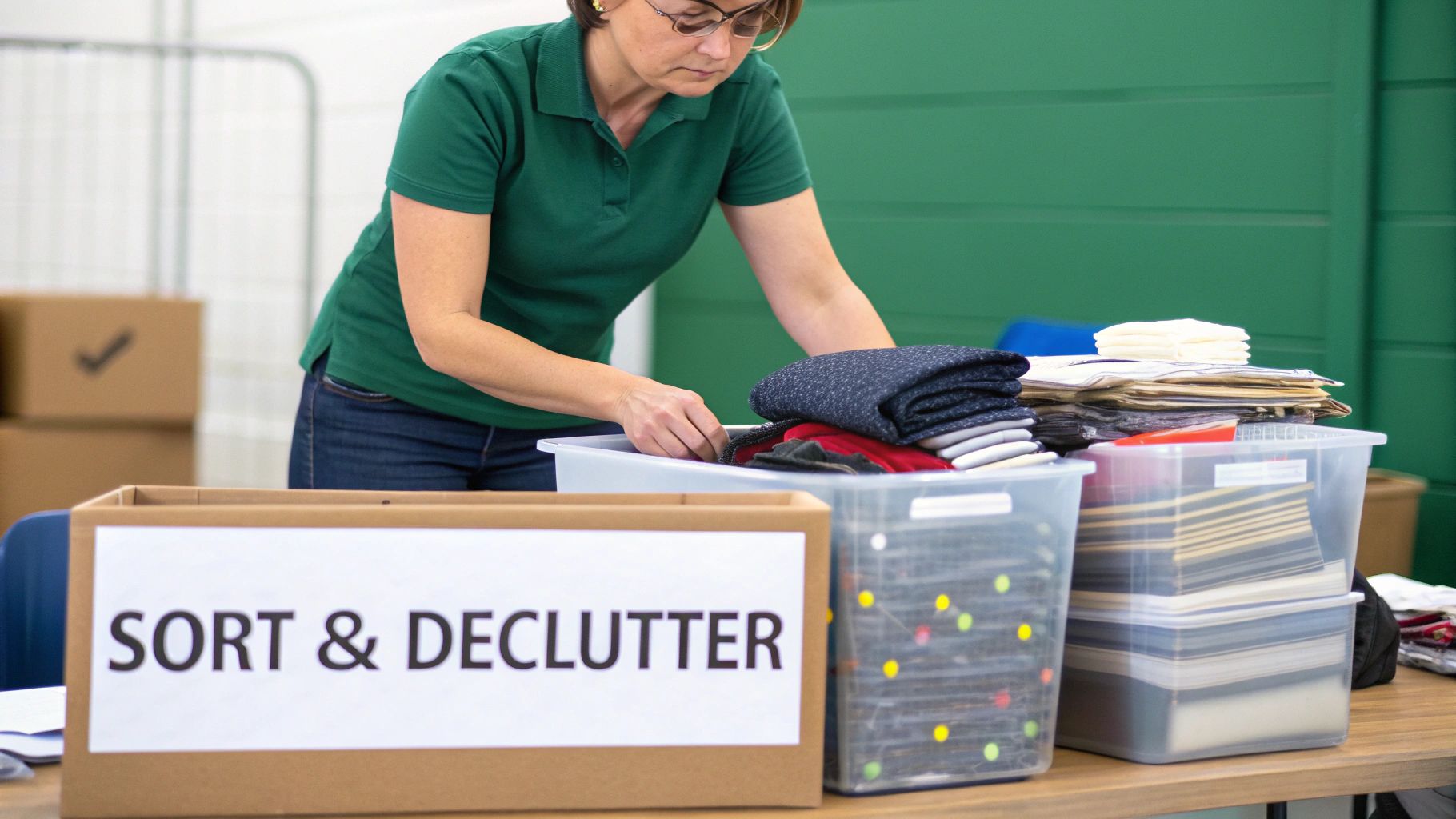 A woman is sorting and decluttering various items, including clothes and papers, into storage bins.
