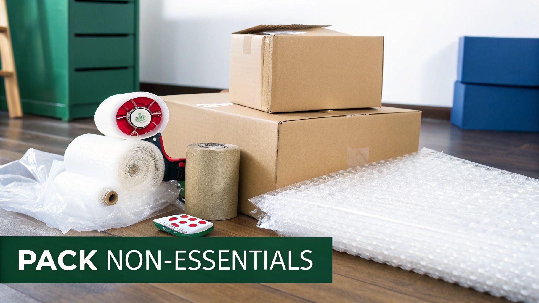 Packing supplies on a wooden floor, including cardboard boxes, bubble wrap, tape, and paper rolls.