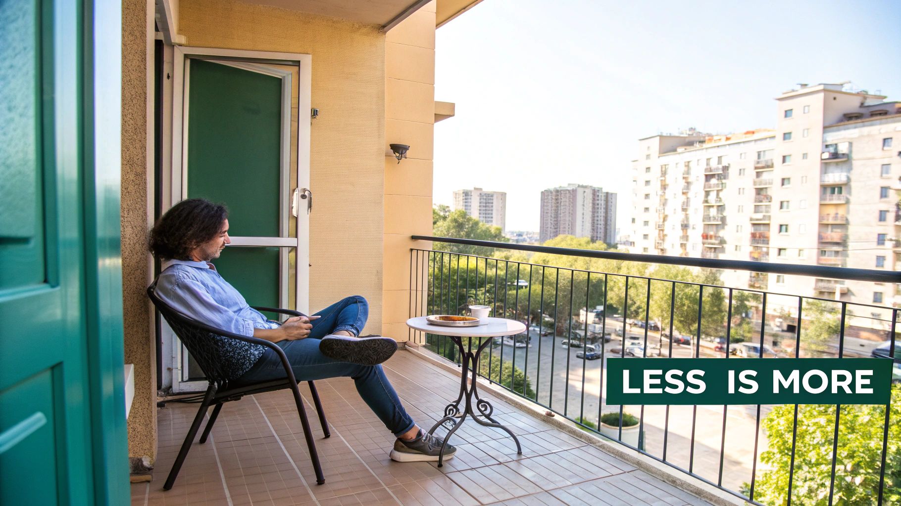 Man enjoying a peaceful moment on his apartment balcony with a city view.