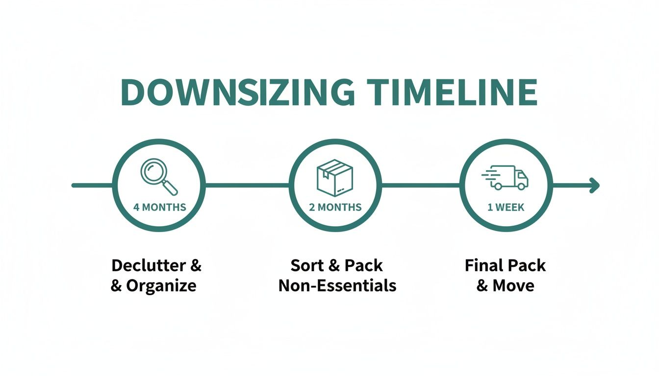 Downsizing timeline showing steps: Declutter & Organize (4 months), Sort & Pack (2 months), Final Pack & Move (1 week).