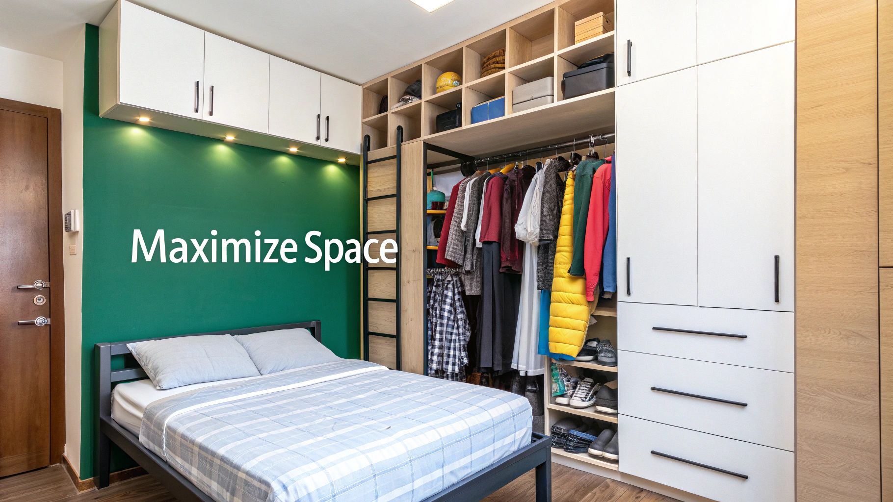 Compact bedroom featuring a bed, green wall, overhead storage, and a versatile custom closet maximizing space.