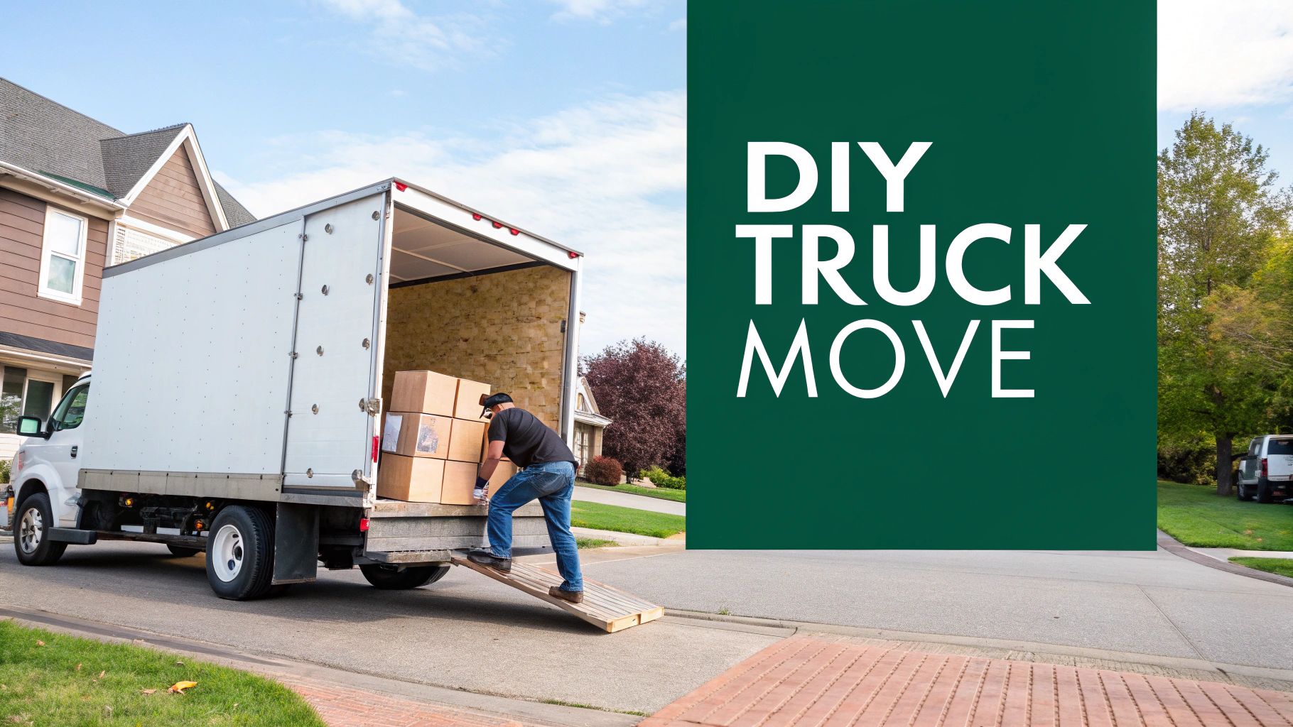Man loading moving boxes onto a large white truck with a ramp on a residential street, promoting a DIY move.
