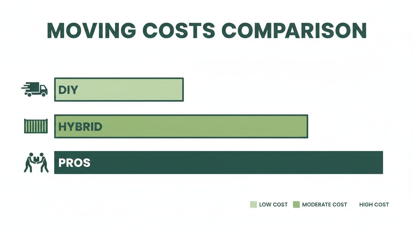A bar chart comparing moving costs for DIY (low), Hybrid (moderate), and Professional (high cost) options.