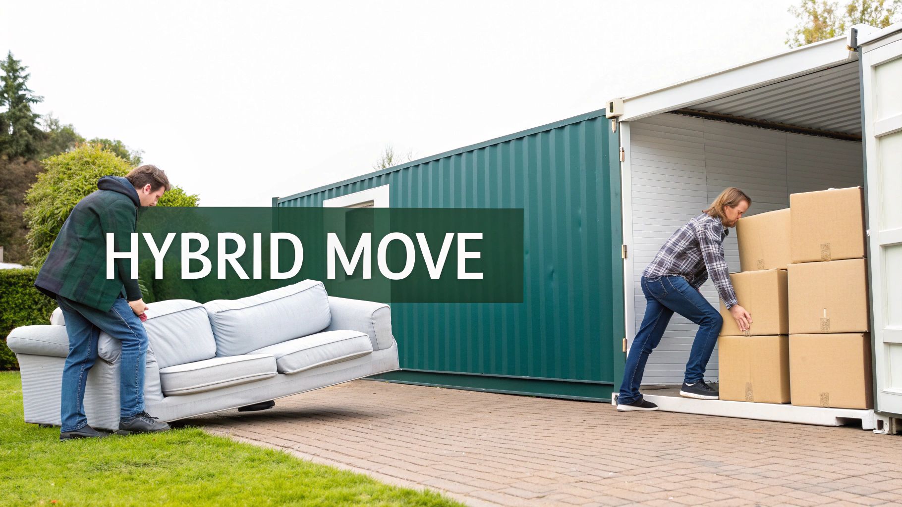 Two men moving a couch and cardboard boxes into a green storage container, representing a hybrid move.