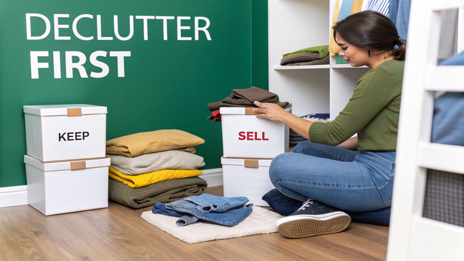 A woman sorts clothes into 'keep' and 'sell' boxes during home decluttering, following a 'Declutter First' sign.