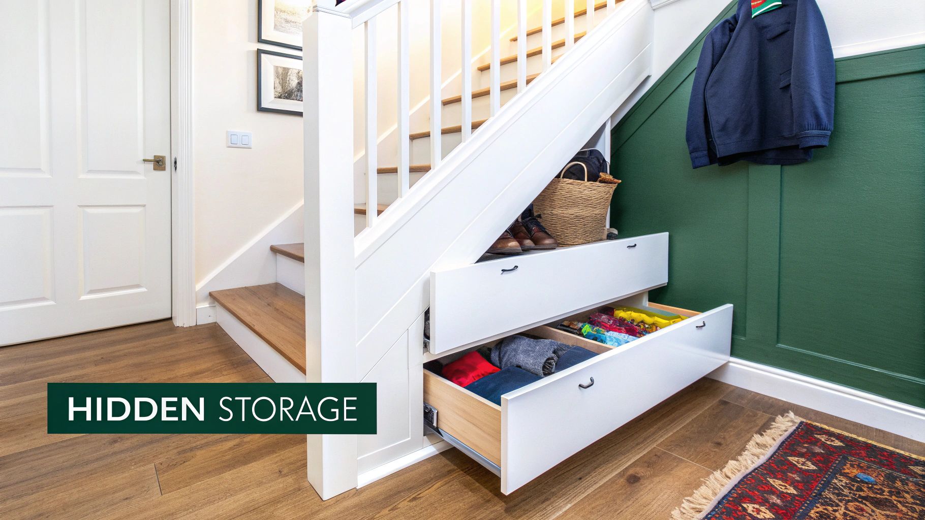 White pull-out drawers under a staircase provide hidden storage in a cozy home hallway.