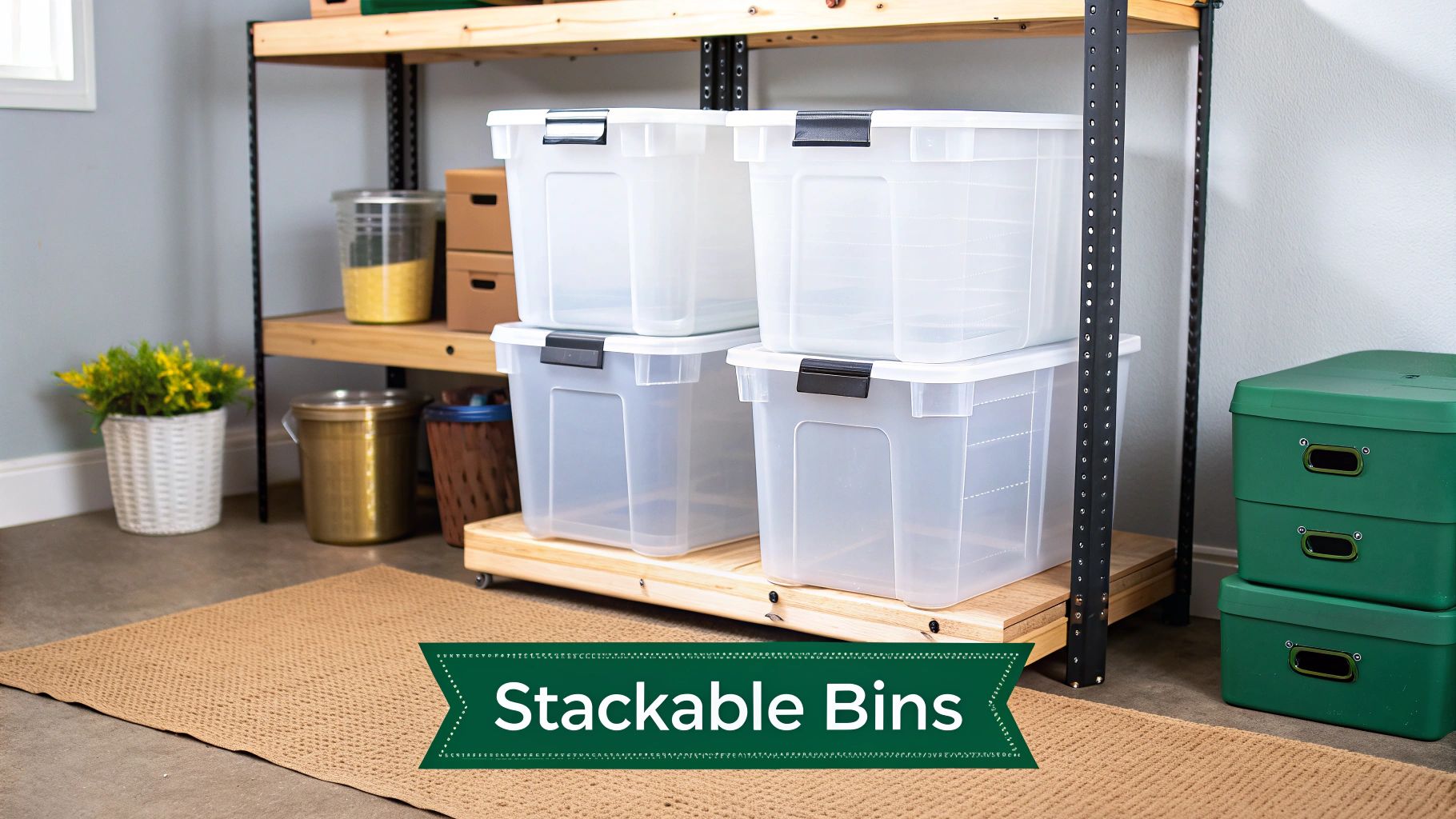 Stackable storage bins, both clear and green, organized on shelves in a home storage space.