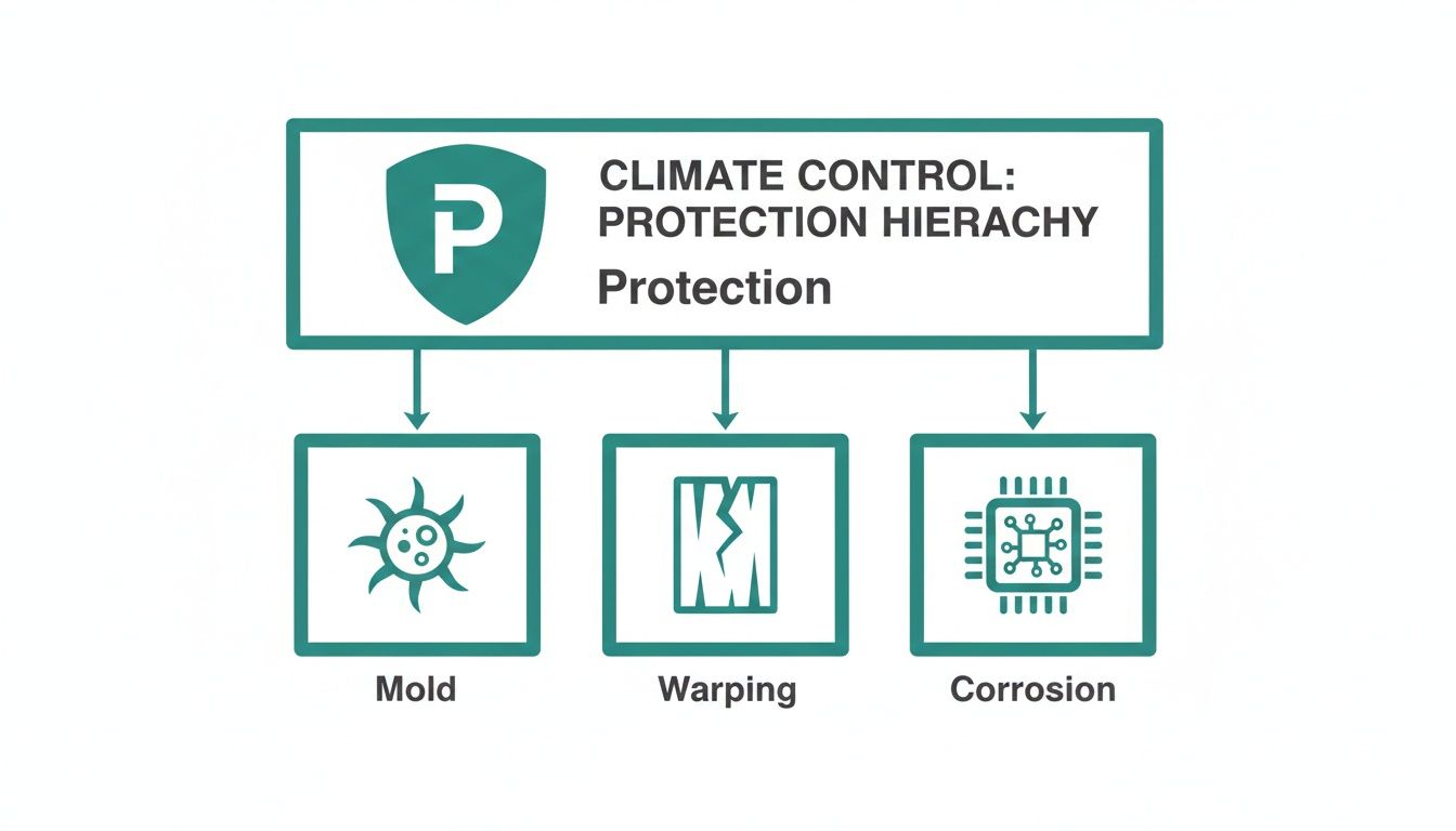 Diagram illustrating climate control protection hierarchy, safeguarding against mold, warping, and corrosion.
