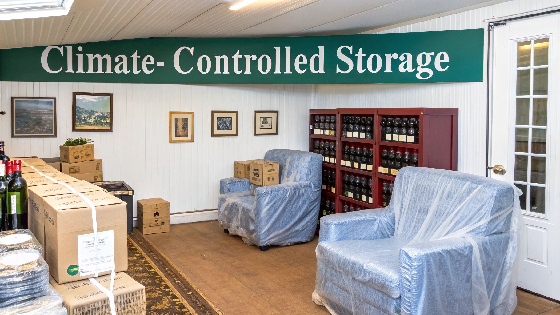 A climate-controlled storage room featuring wine bottles on racks, moving boxes, and covered chairs.