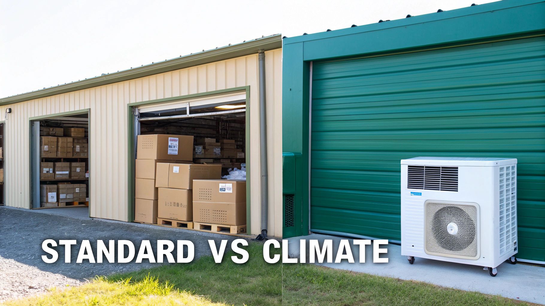 A comparison of standard storage units filled with boxes versus a green climate-controlled unit with an AC.