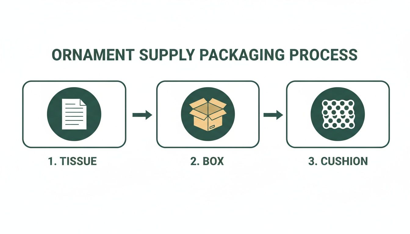 Infographic showing the ornament supply packaging process, including tissue, box, and cushion steps.