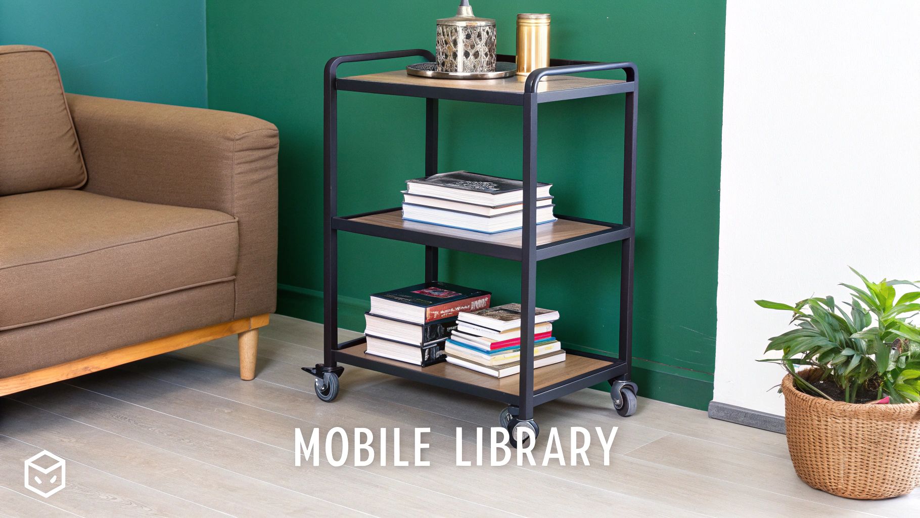 A mobile utility cart with three shelves filled with books and decorations, next to a brown sofa.