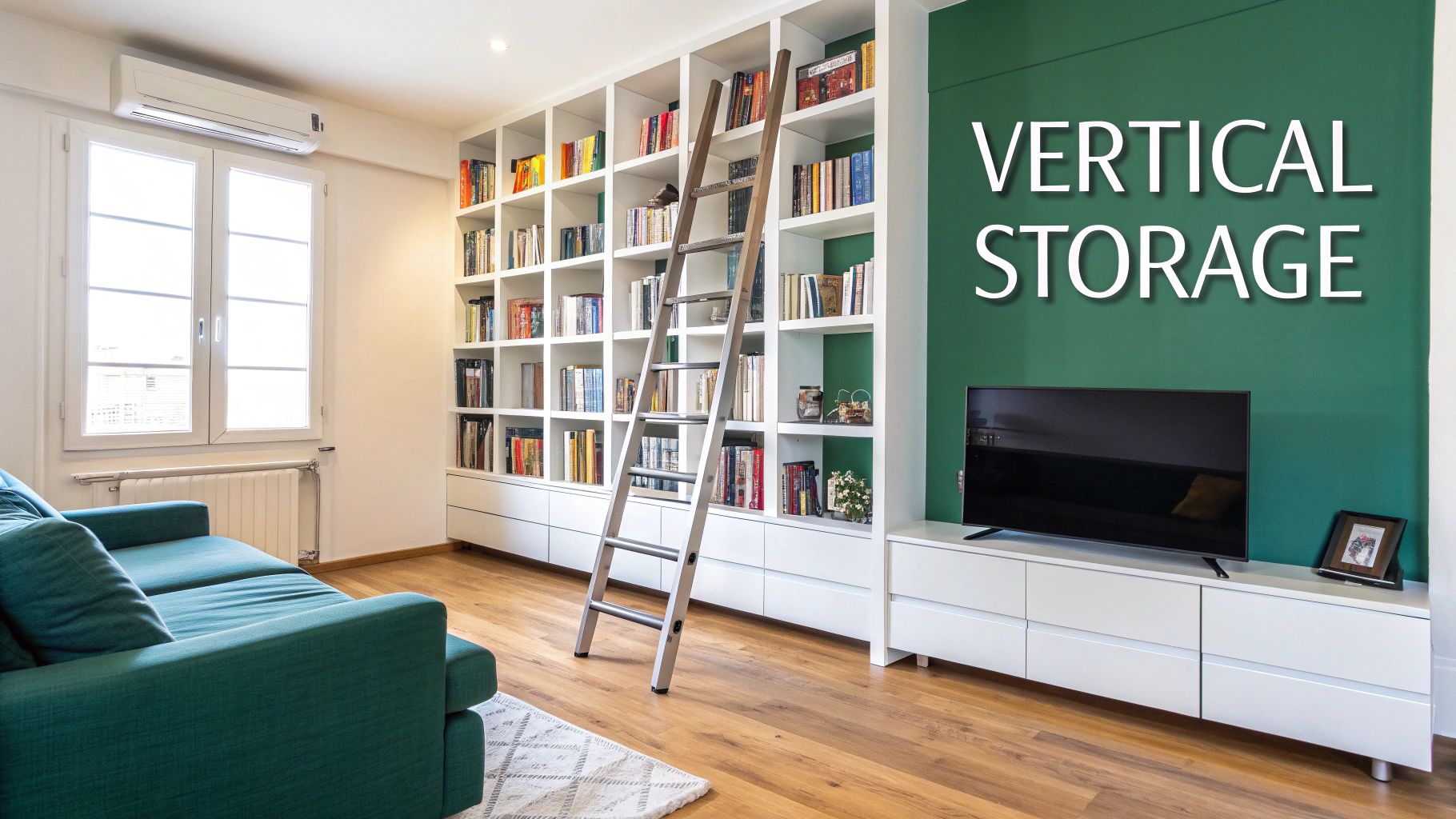 A modern living room with a large white bookshelf, ladder, green accent wall, TV, and teal sofa.