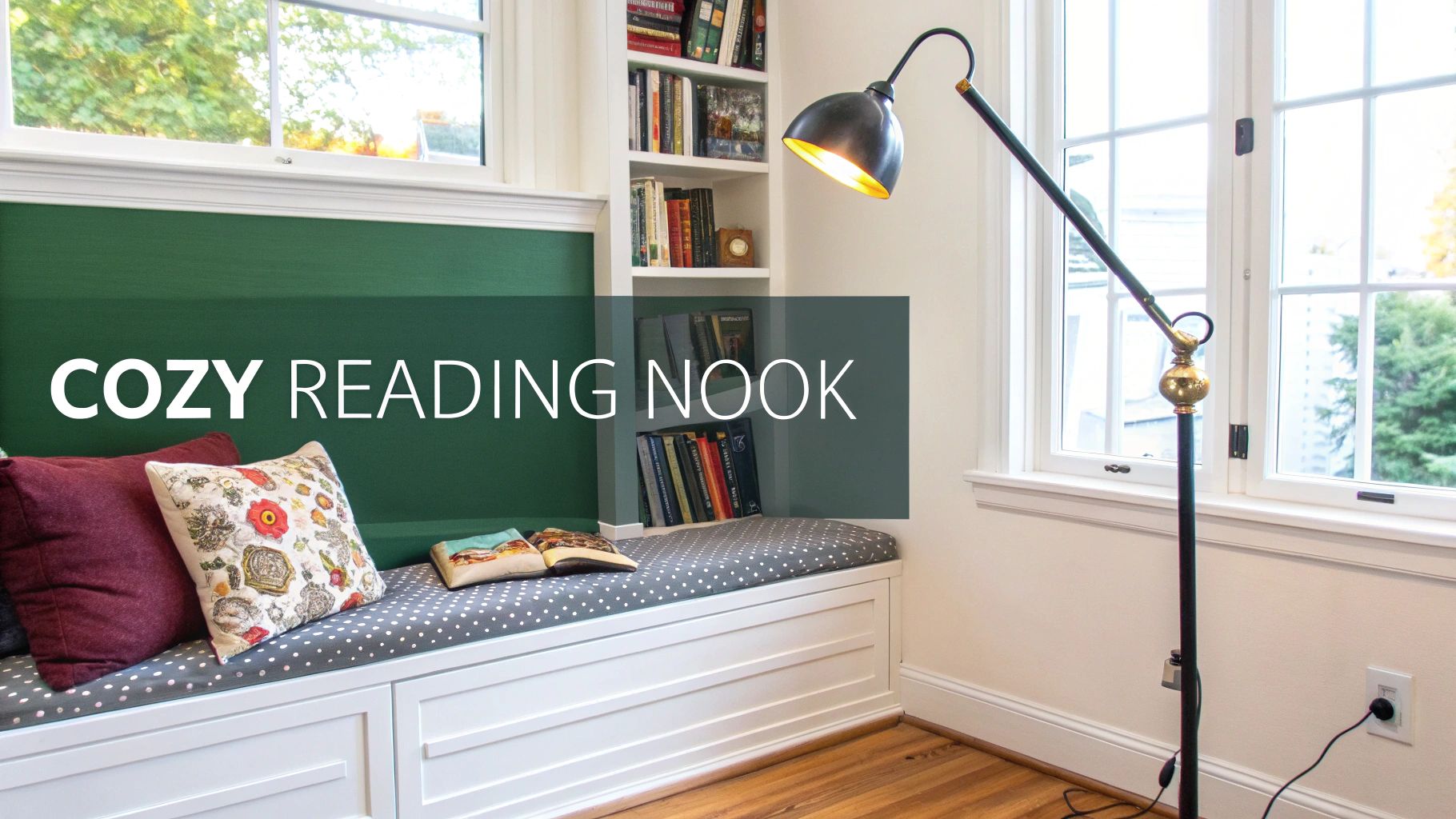 A cozy reading nook features a built-in bench with pillows, a floor lamp, and bookshelves filled with books.