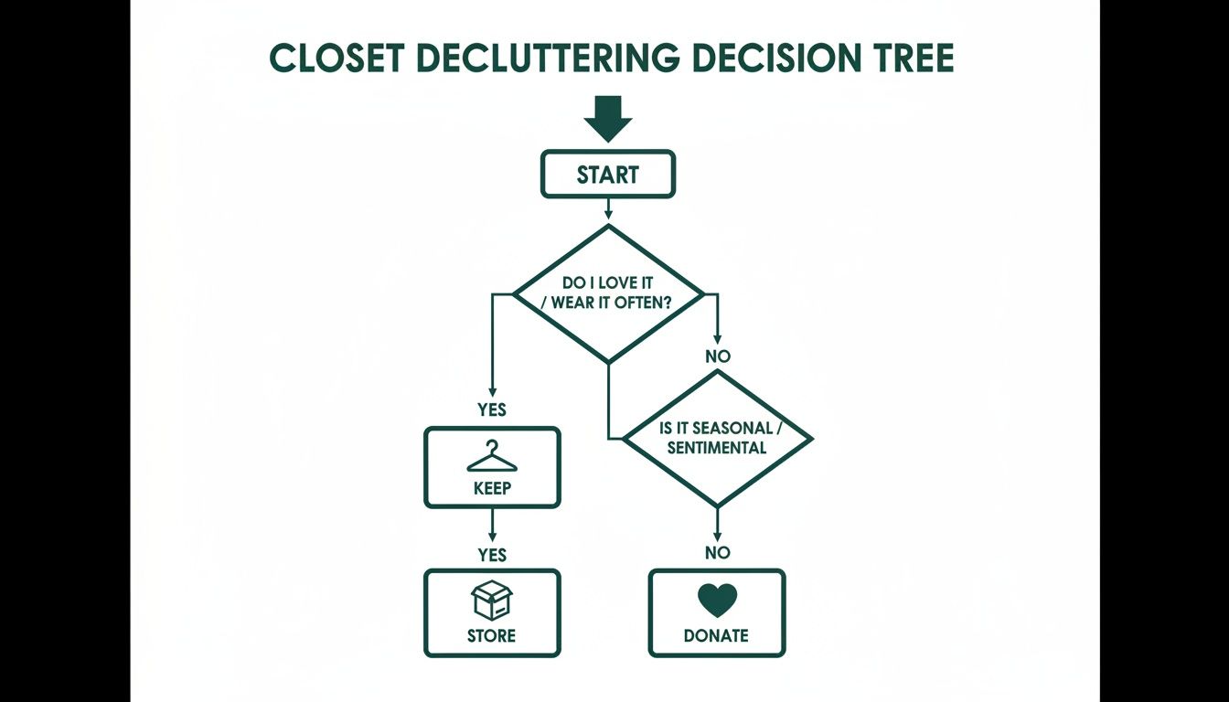 A flowchart illustrating a closet decluttering decision tree to help sort items into keep, store, or donate.