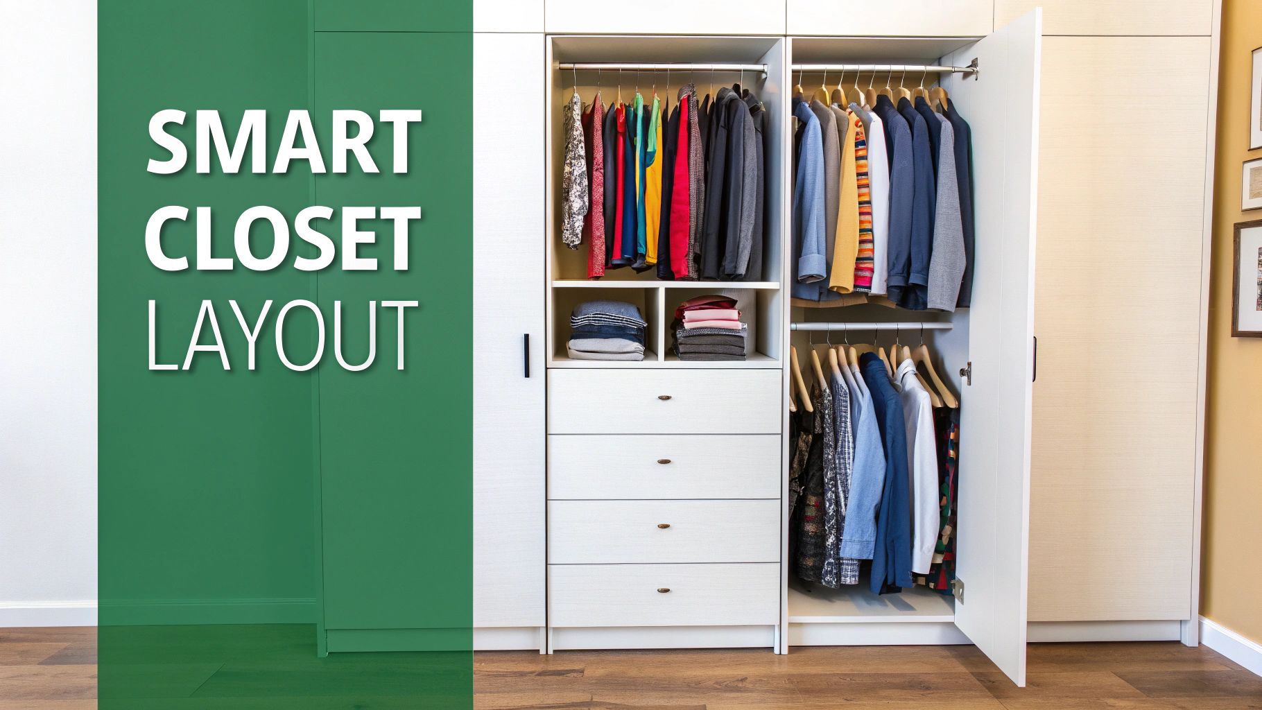 A modern, white smart closet system featuring hanging clothes, folded items, and pull-out drawers.