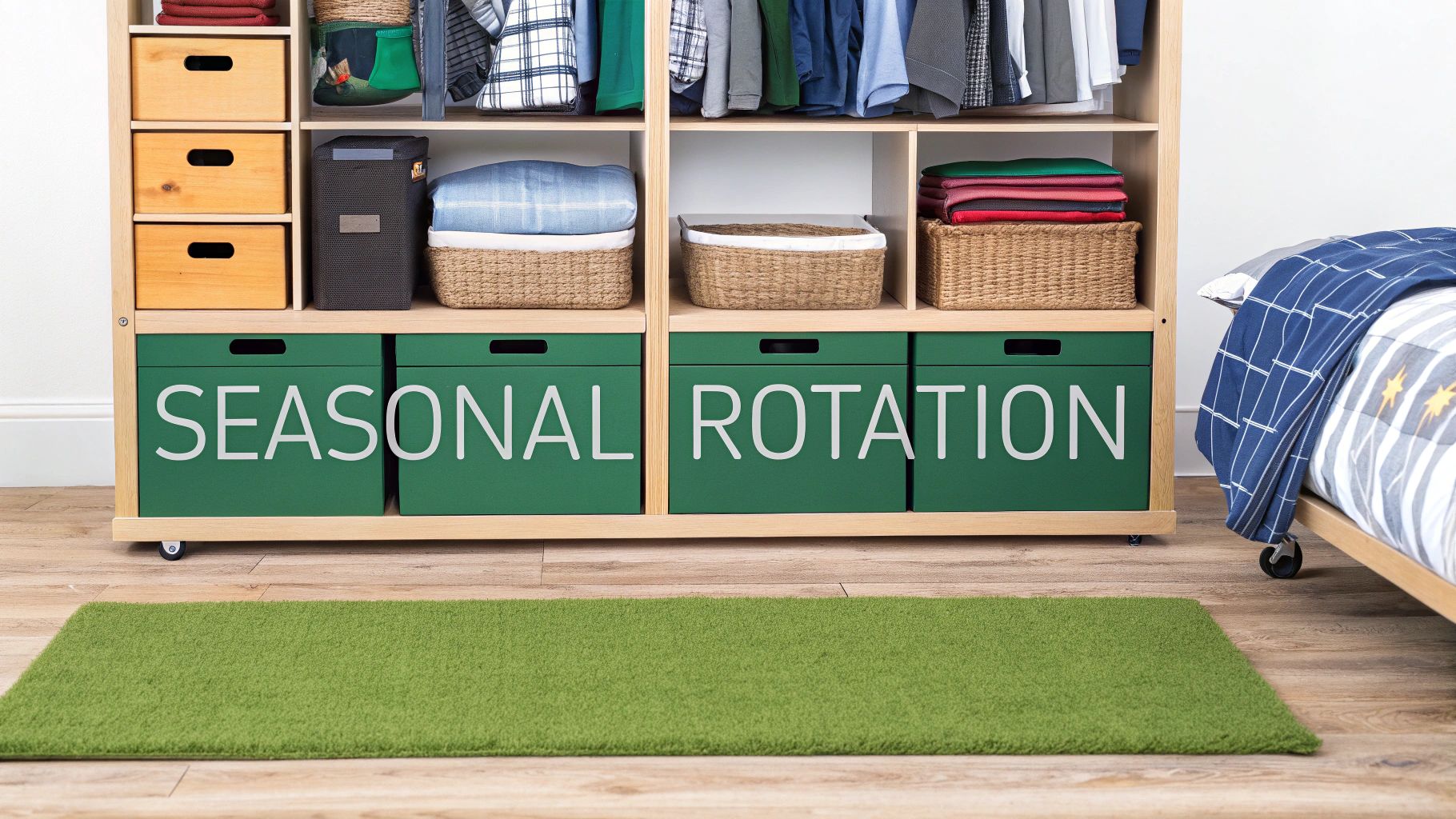 An organized wooden closet with shelves, baskets, and green 'SEASONAL ROTATION' storage boxes, beside a bed and green rug.