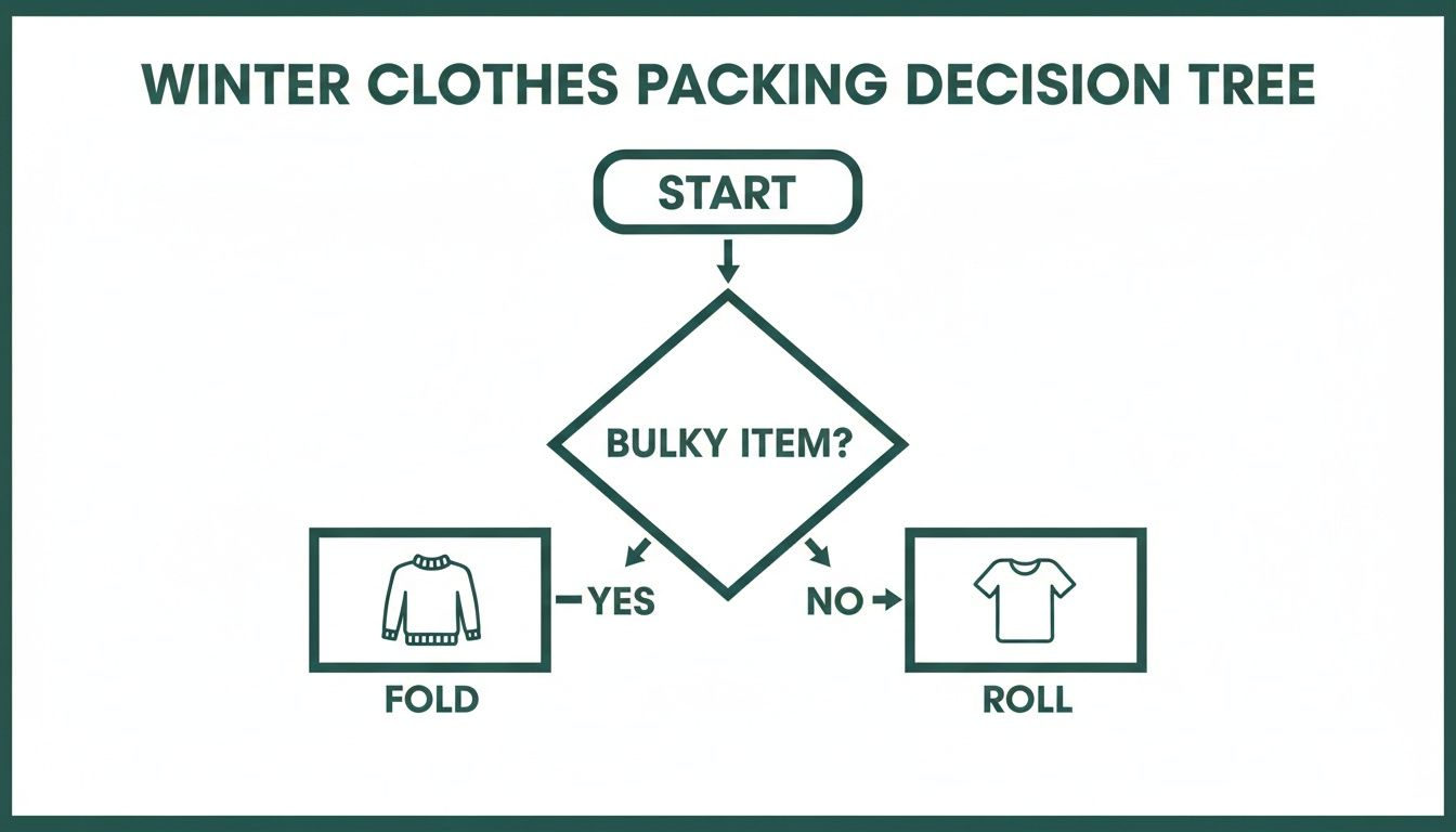 A decision tree for packing winter clothes: bulky items should be folded, non-bulky items rolled.