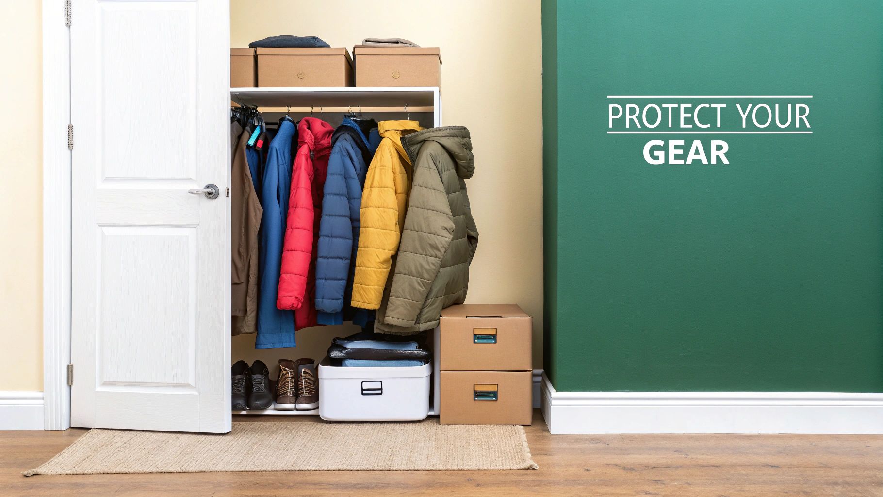 An open closet filled with winter coats, shoes, and storage boxes for organized gear protection.
