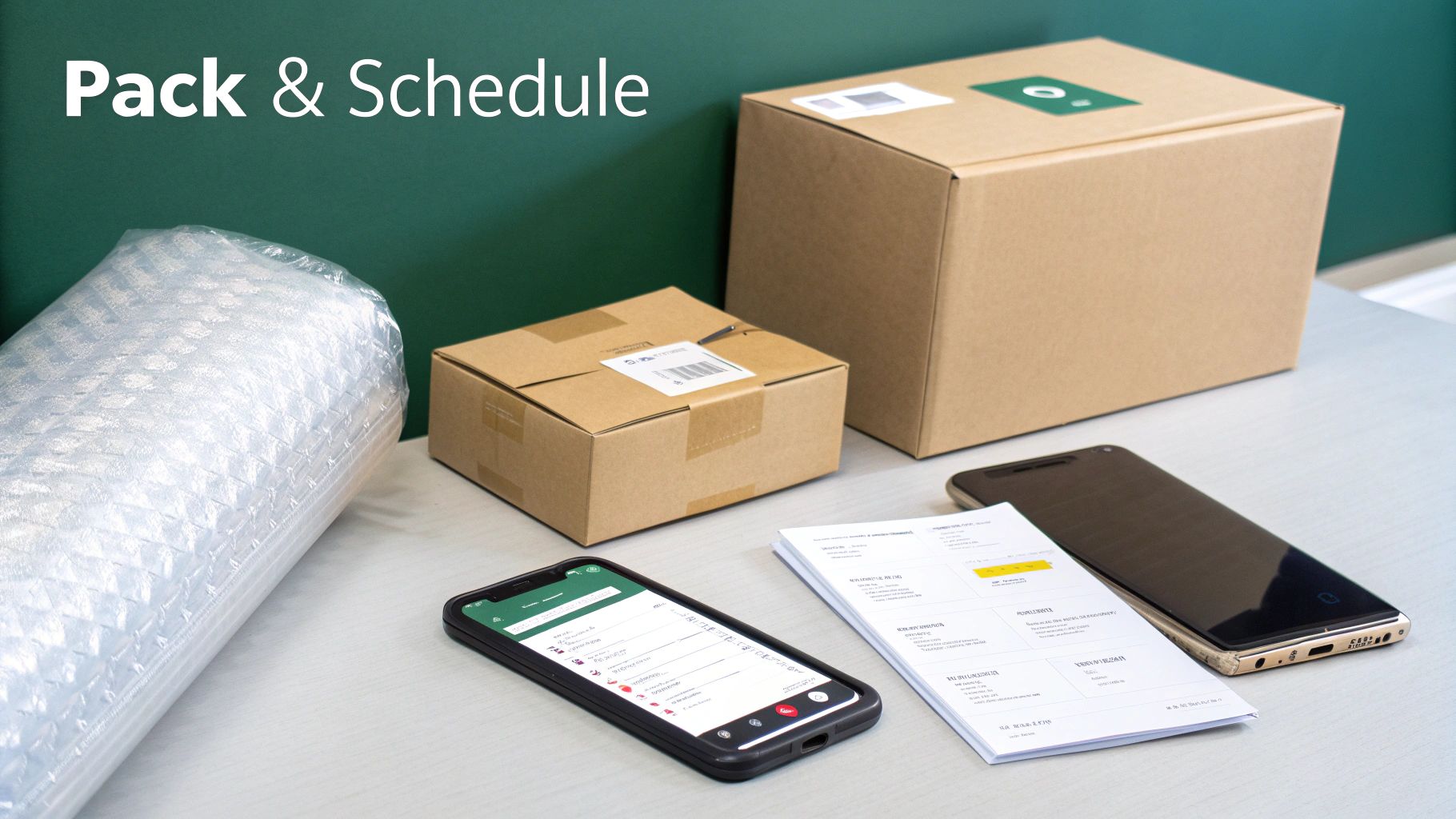 A setup for packing and scheduling storage with cardboard boxes, bubble wrap, phones, and documents.