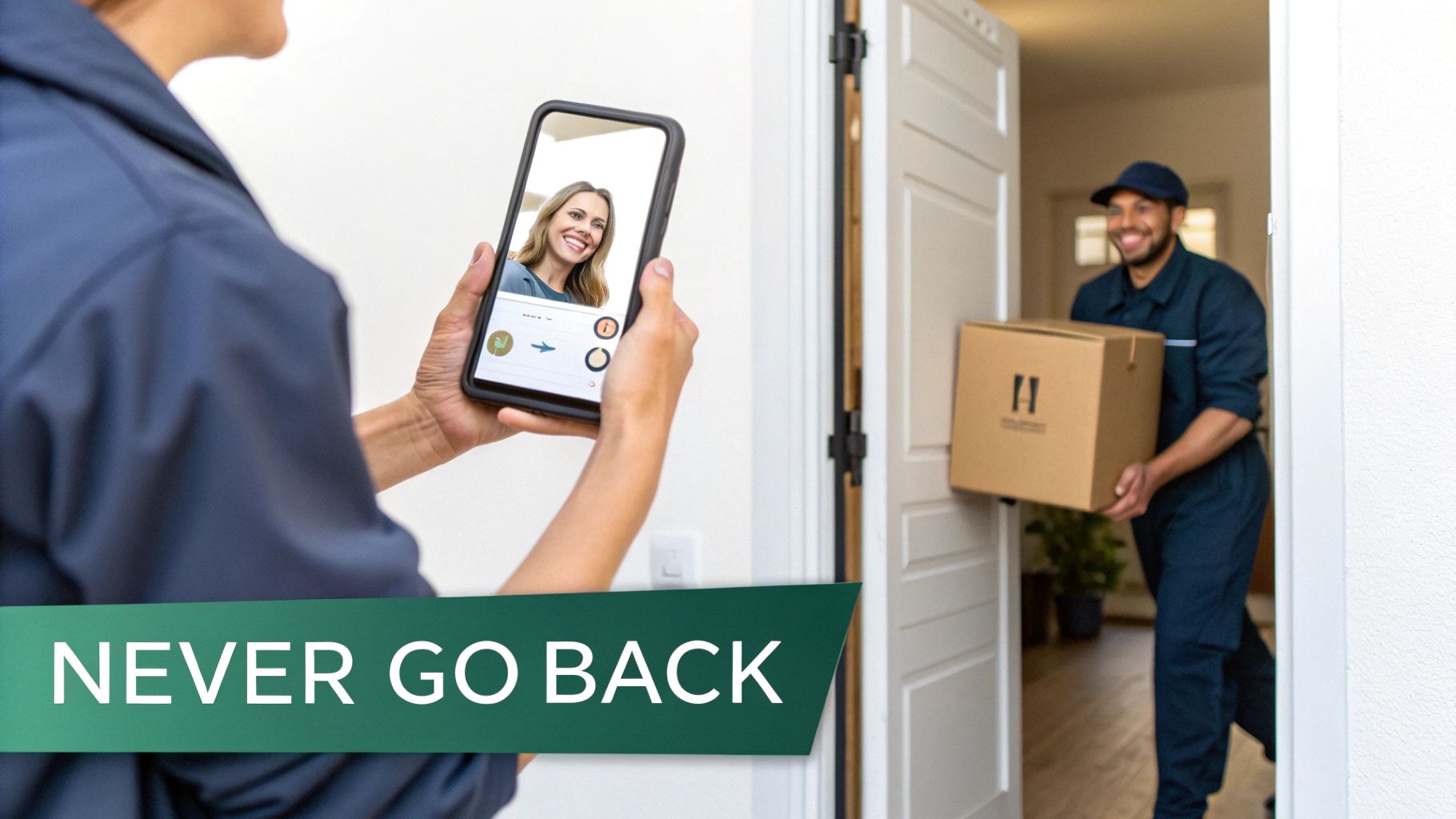 A person holds a smartphone displaying a video call, as a delivery man brings a package.