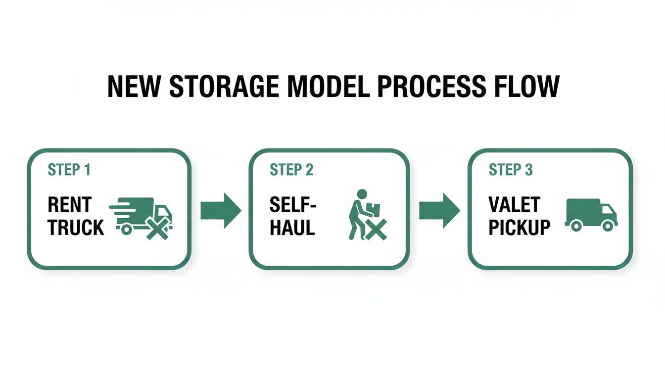 A diagram outlining a new storage model process flow with valet pickup, eliminating truck rentals and self-hauling.