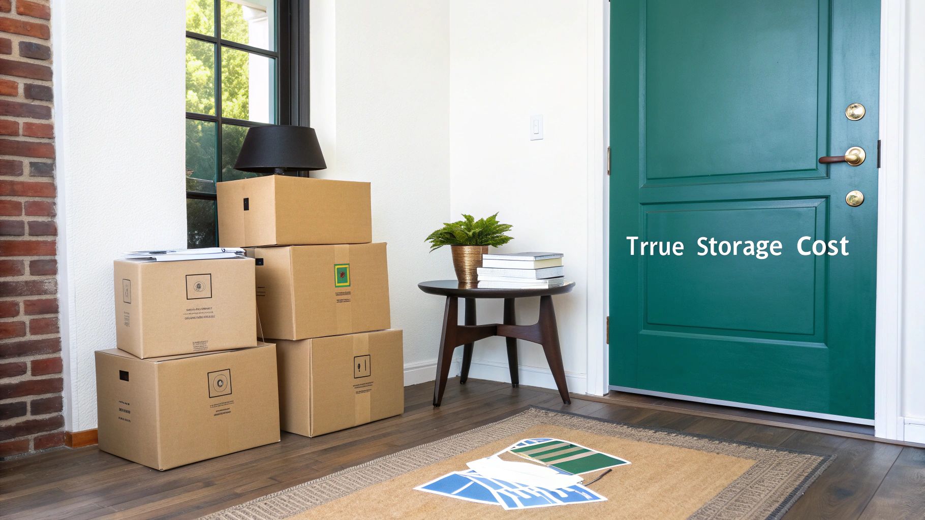 Moving boxes stacked in an entryway next to a green door, illustrating true storage costs.
