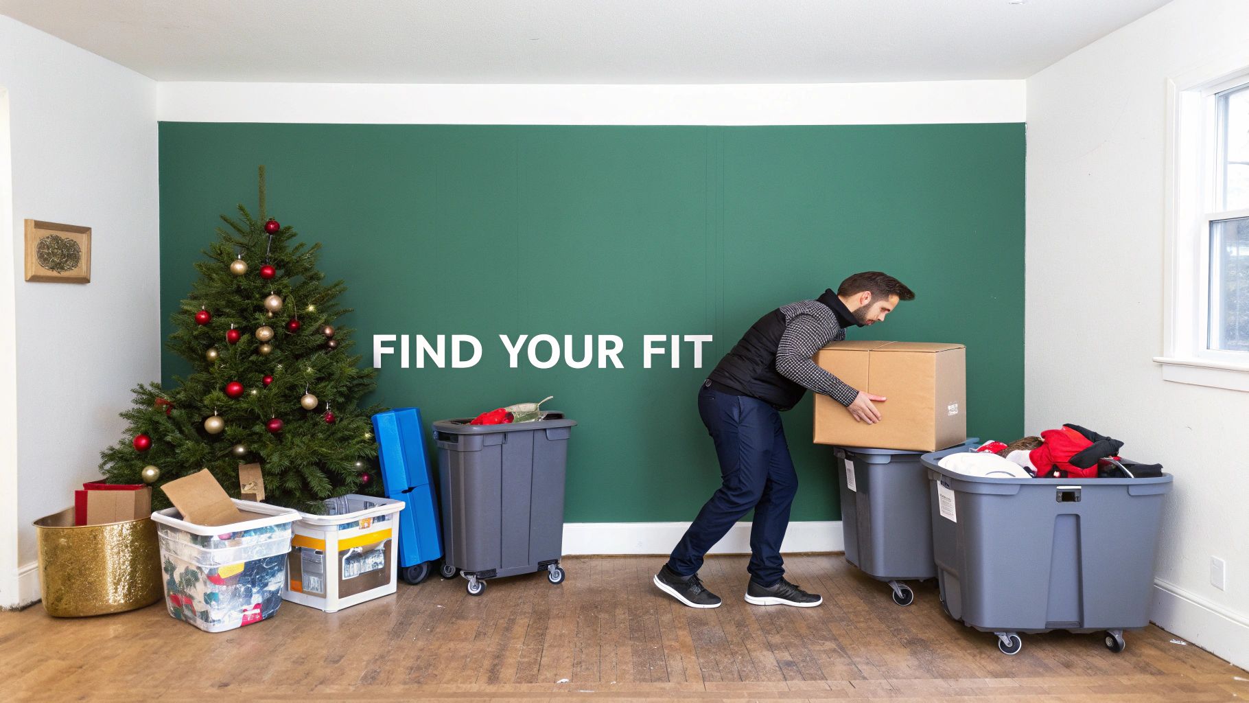 Man moving a box onto a grey storage bin next to a Christmas tree.