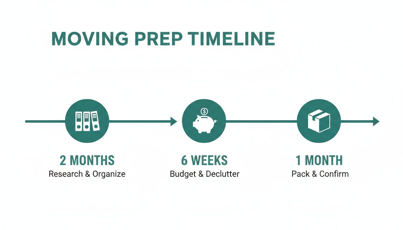 A moving prep timeline showing steps: 2 months research, 6 weeks budget, and 1 month packing.