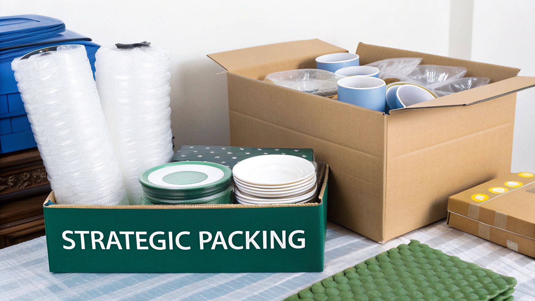 Packing boxes, bubble wrap, and dishes ready for a strategic cross-country move.
