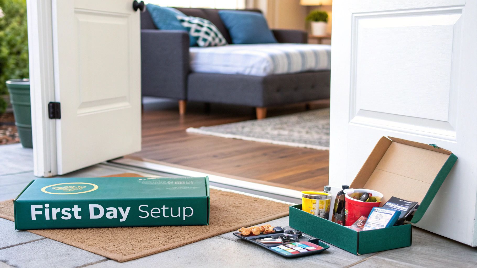 Two 'First Day Setup' boxes at an open doorway, with moving essentials ready for a new home.
