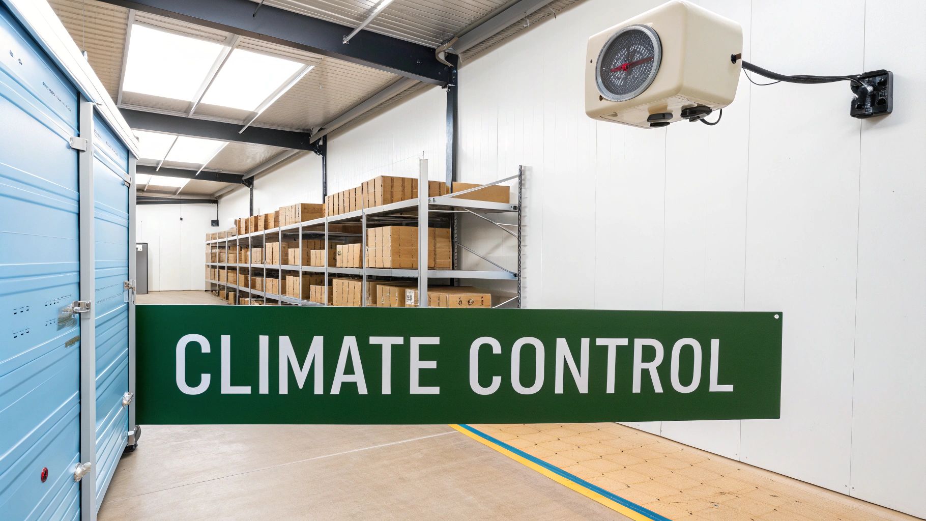 An indoor self-storage facility features blue units, boxes on shelves, and a large climate control sign.