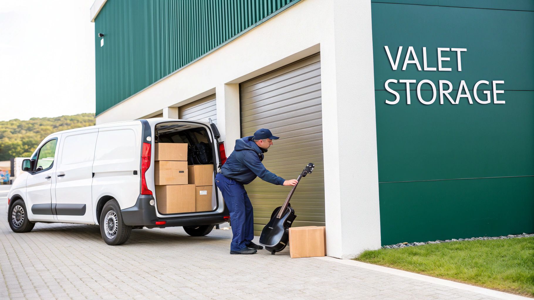 A man unloads a guitar and boxes from a white van at a valet storage facility.