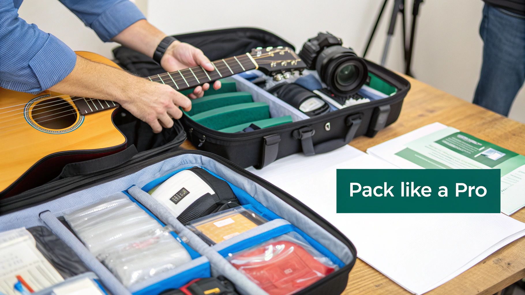 Person packing a guitar, camera equipment, and travel essentials into highly organized modular bags.