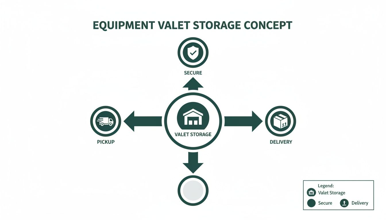 Diagram illustrating equipment valet storage concept with secure, pickup, and delivery services.