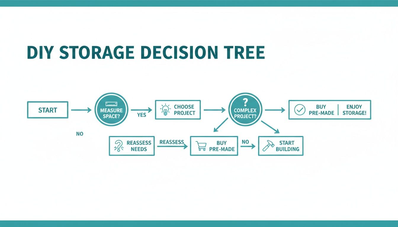 A DIY storage decision tree flowchart illustrating steps to choose between building custom storage or buying pre-made solutions.