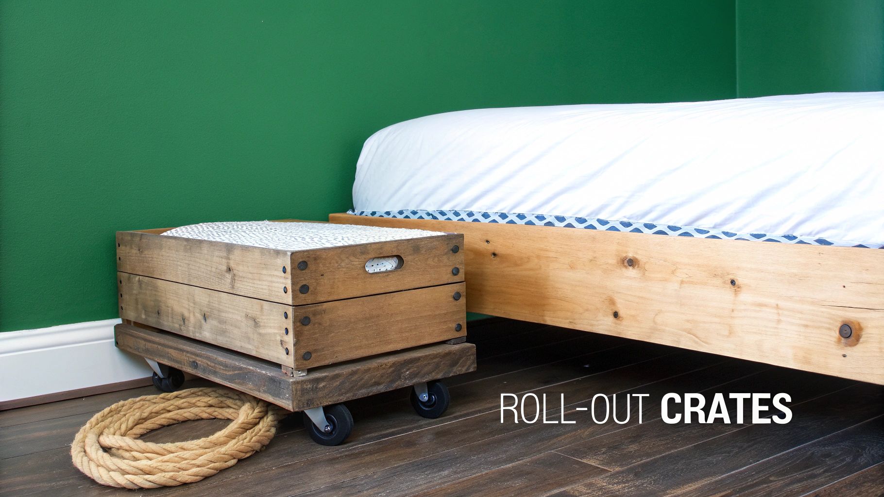 DIY wooden roll-out storage crate with a patterned top beside a bed, against a green wall.