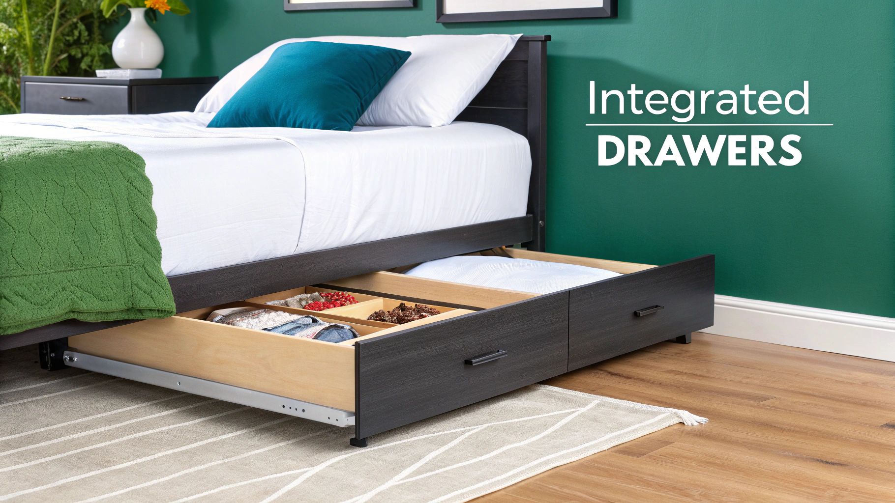 A dark wood bed frame with an integrated under-bed storage drawer pulled open, revealing organized items.