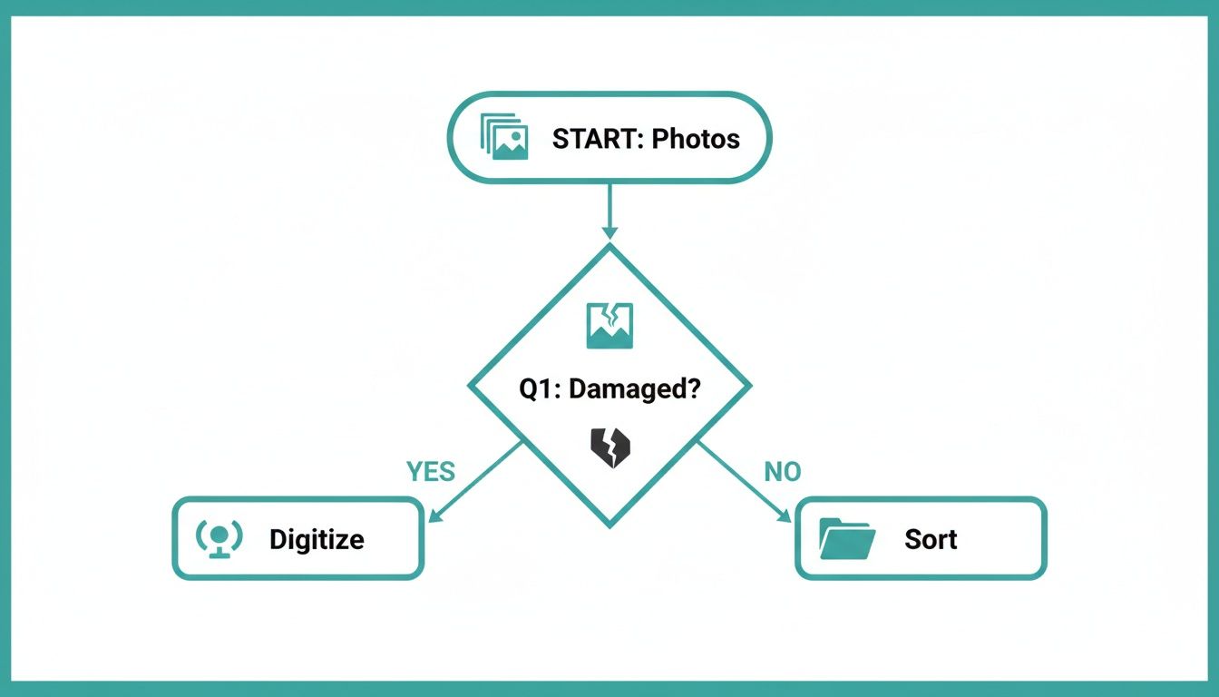 A flowchart illustrating the process of handling old photos: evaluate if damaged, then digitize or sort.