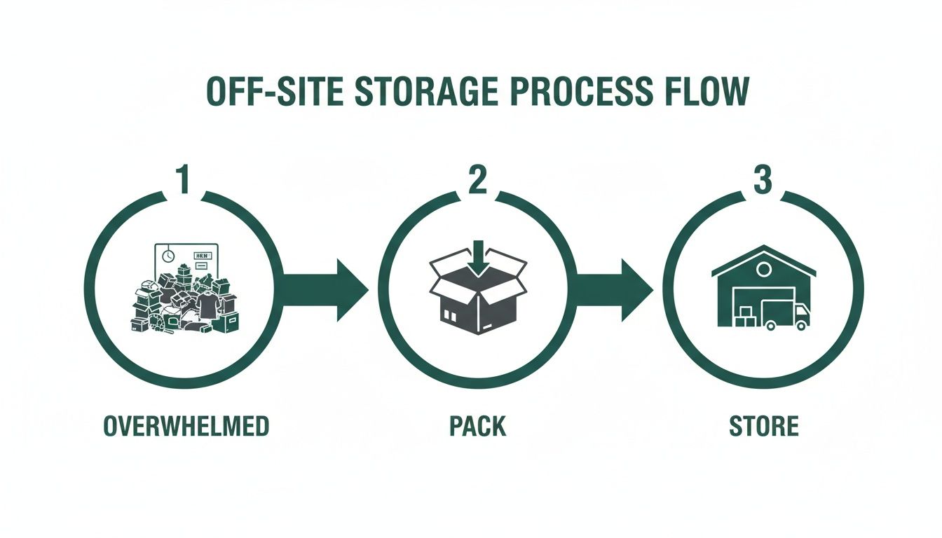 An infographic illustrating the three-step off-site storage process: overwhelmed, pack, and store.