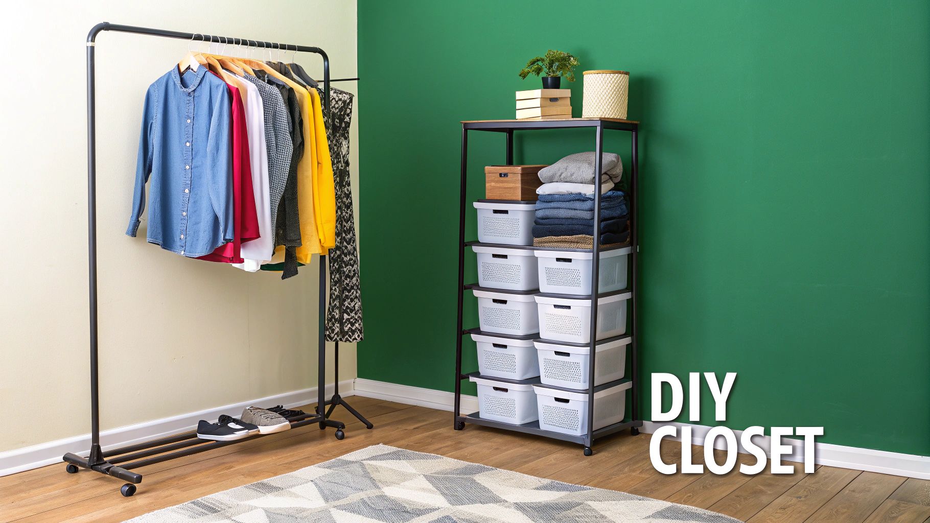 A DIY closet setup featuring a black clothes rack with various garments and a shelving unit with white storage bins, against a green and beige wall.