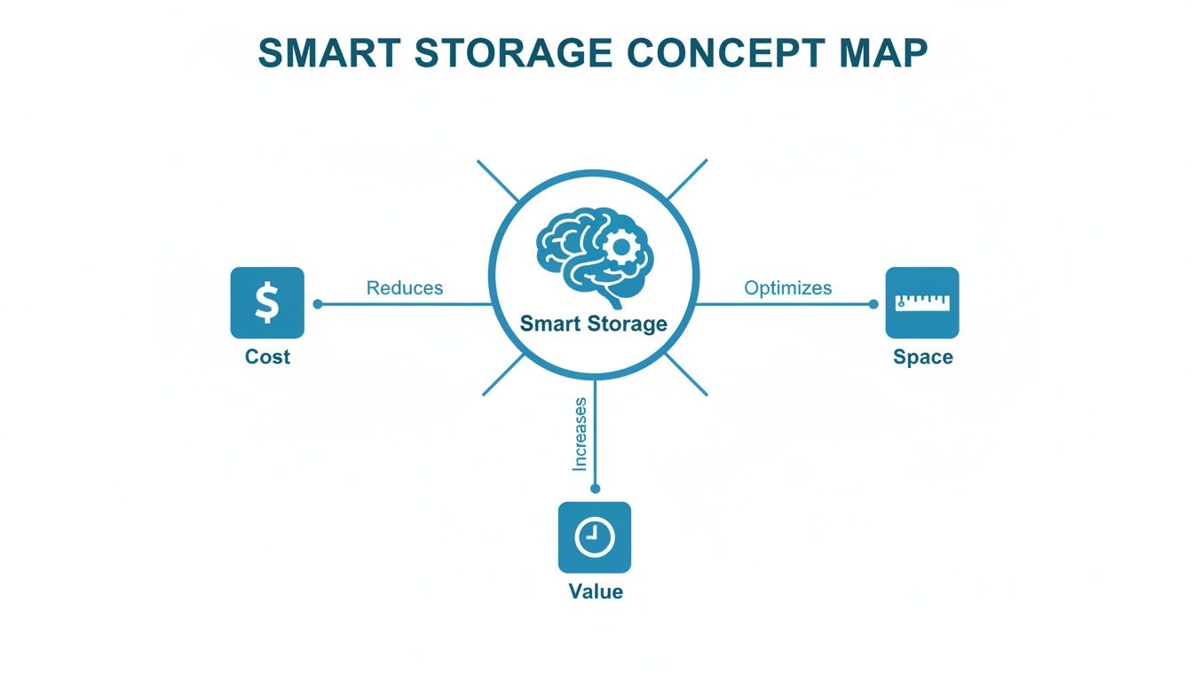 A concept map showing Smart Storage reduces cost, optimizes space, and increases value.