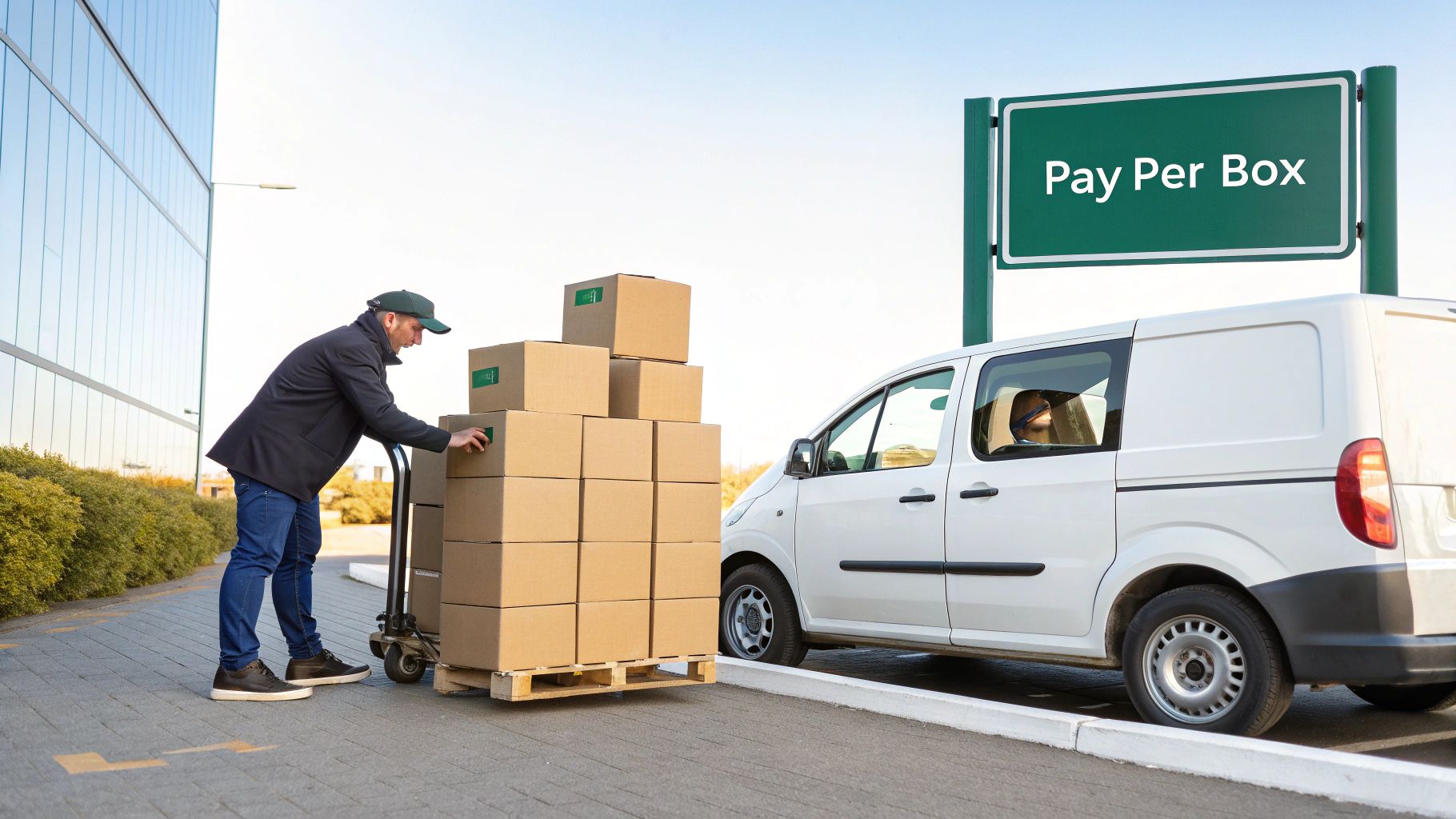 A delivery man pushes a hand truck loaded with cardboard boxes next to a white van and a 'Pay Per Box' sign.