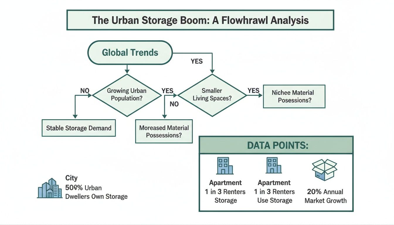 Flowchart detailing the urban storage boom, global trends, and supporting data points.