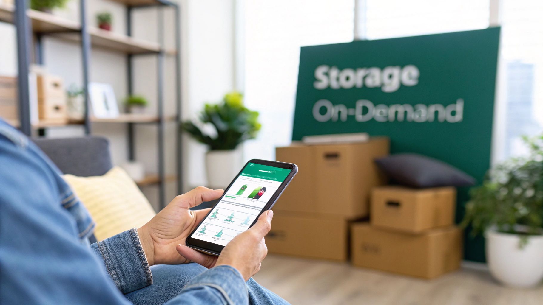 Person using a smartphone to manage 'Storage On-Demand' service with moving boxes nearby.