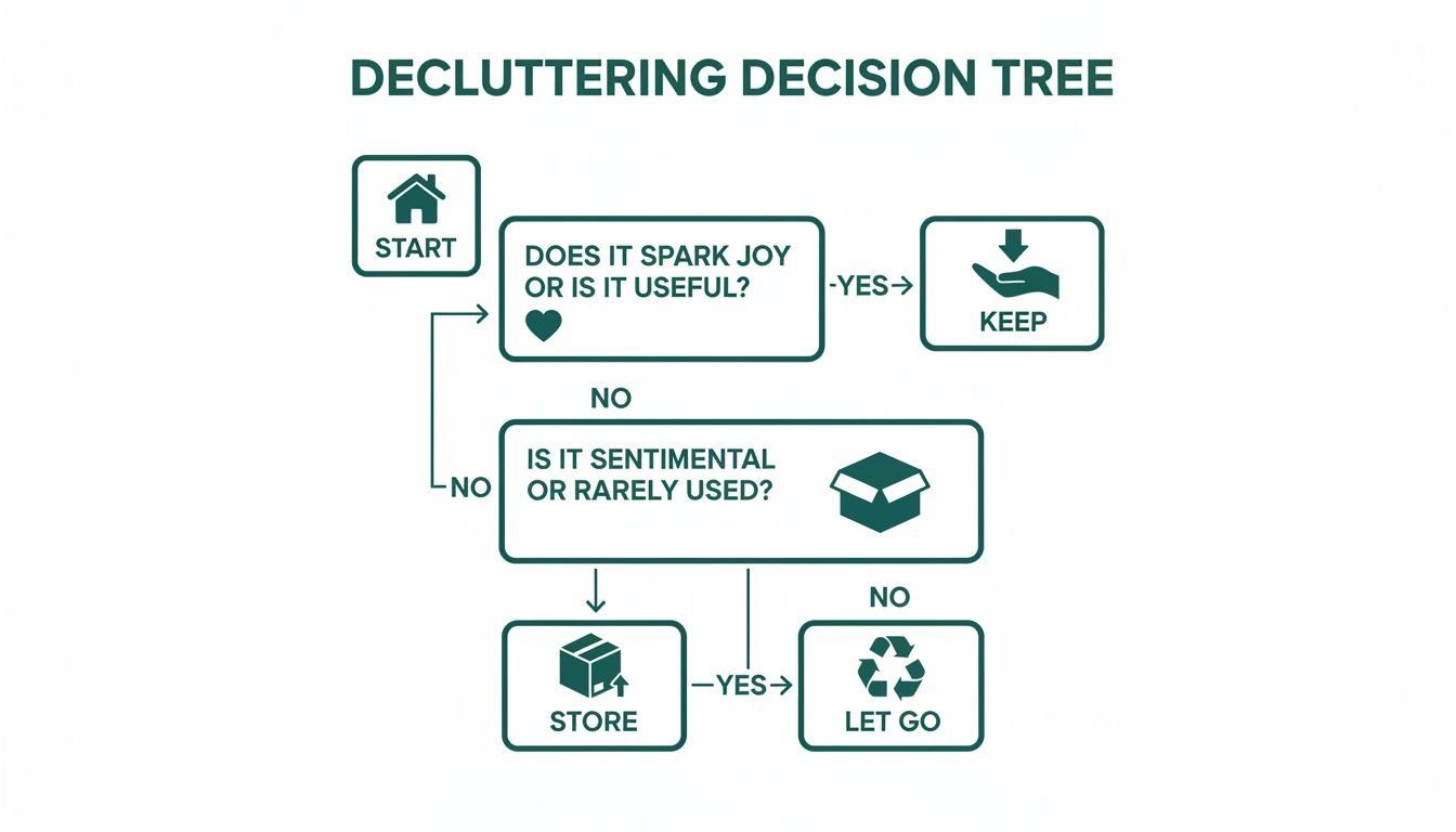 A decluttering decision tree flowchart with steps to keep, store, or let go of items.