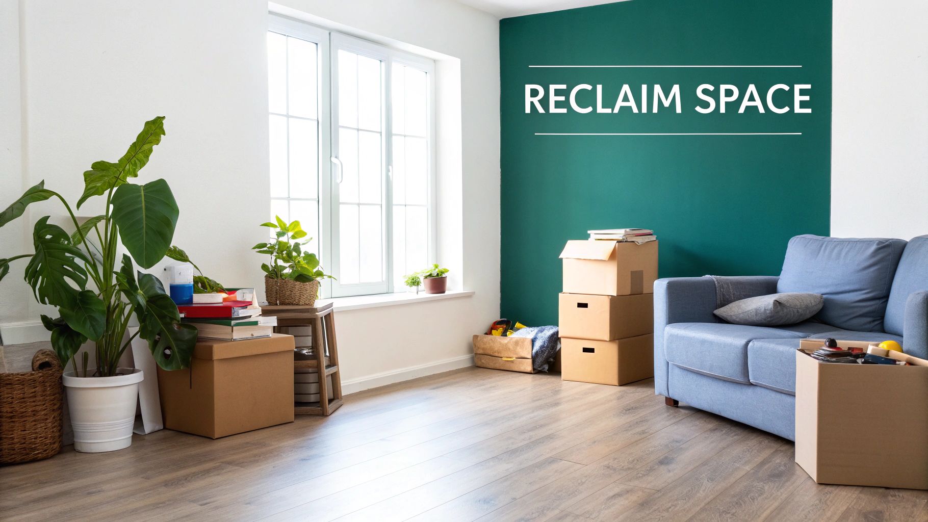 A living room being organized with moving boxes, plants, and a blue sofa, 'RECLAIM SPACE' on wall.
