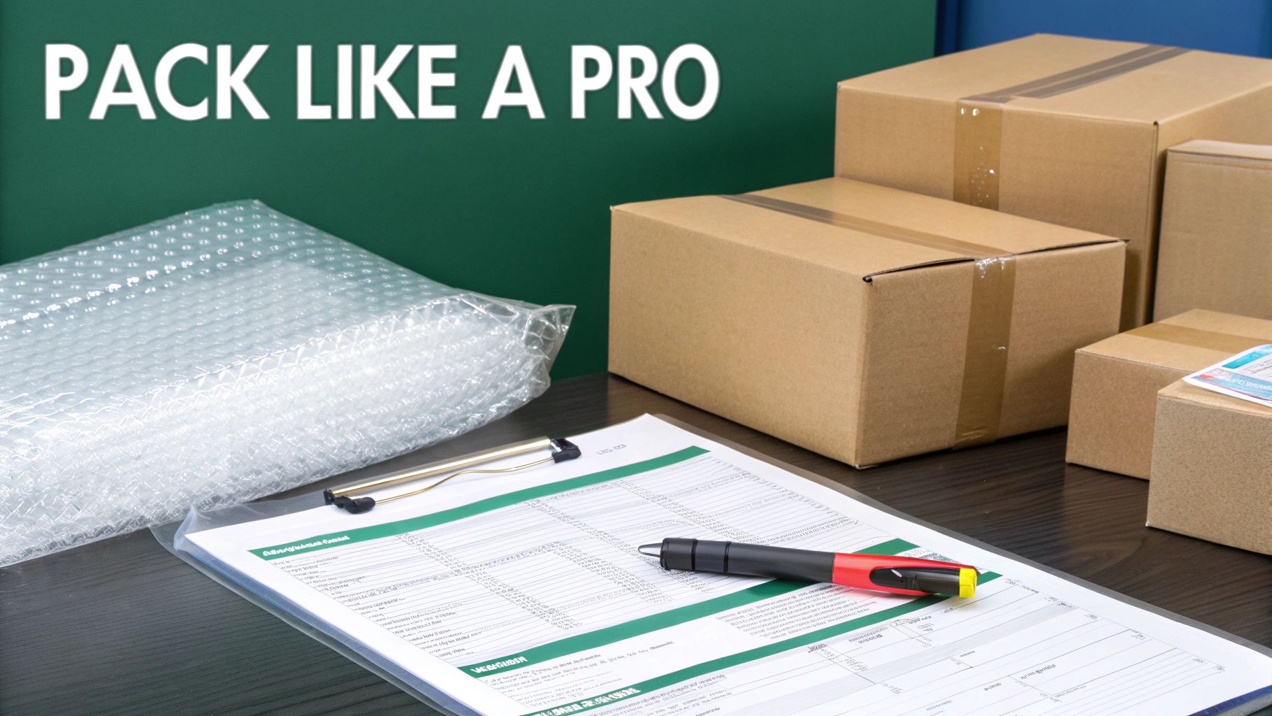 A close-up of a desk with bubble wrap, cardboard boxes, and a checklist for packing.
