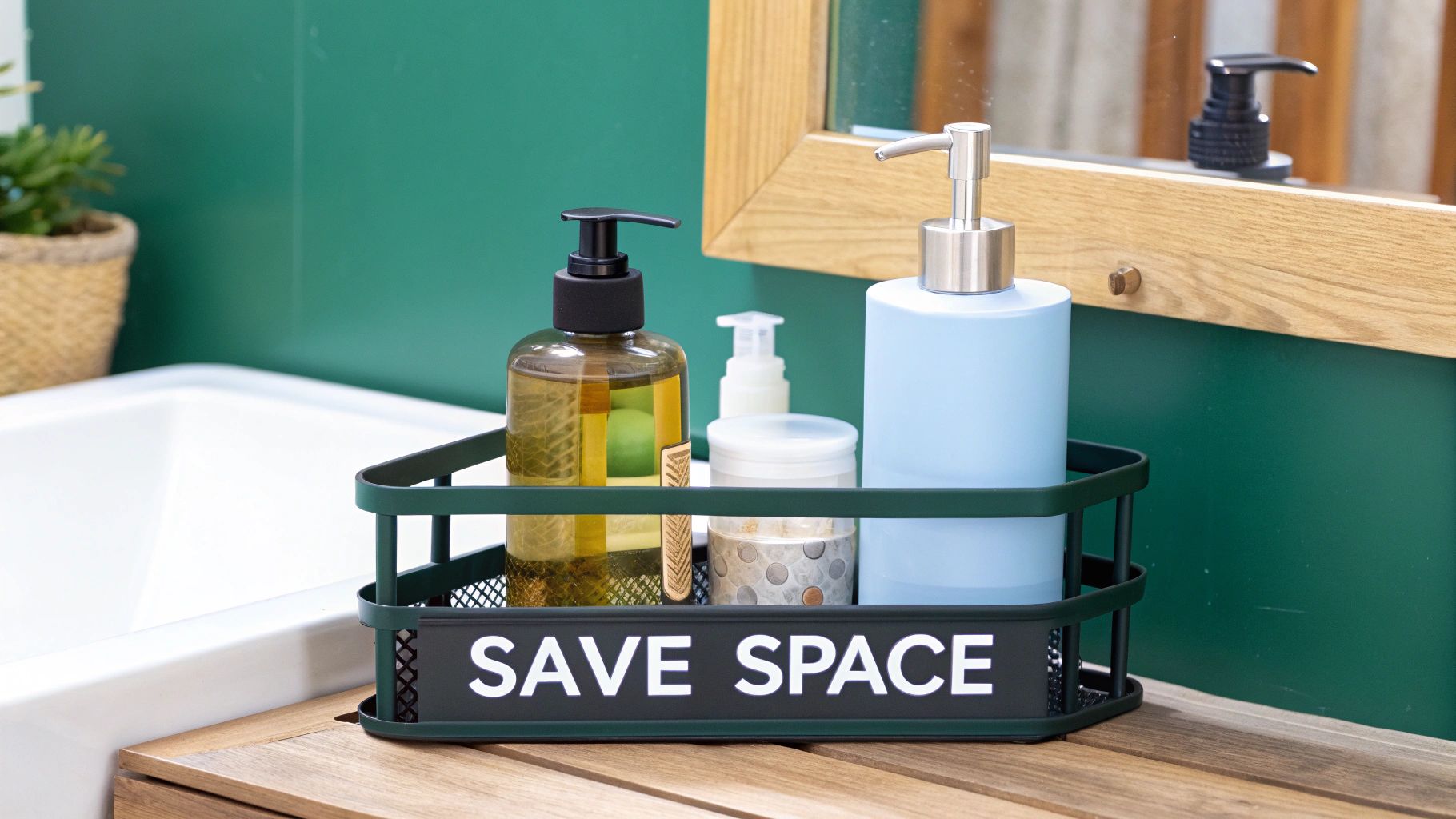 Bathroom counter with a green corner caddy holding soap bottles and a 'SAVE SPACE' sign.