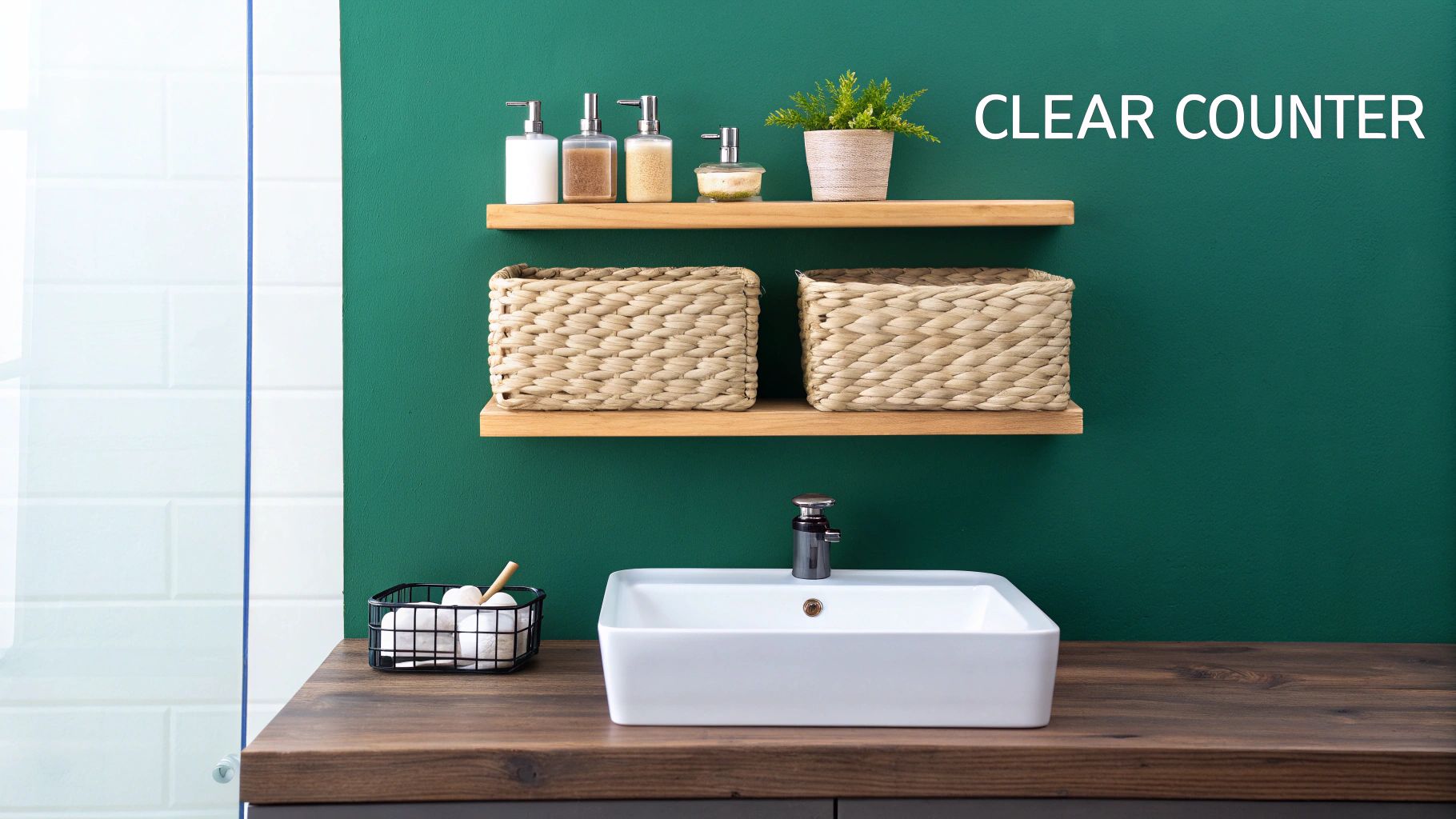 A modern bathroom with a green wall, wooden shelves, a white sink, and organized counter storage.